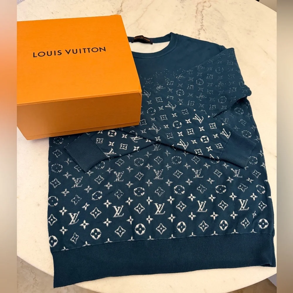 Louis Vuitton Monogram Degrade Blue Canard Teal White Logo Crewneck Sweater M